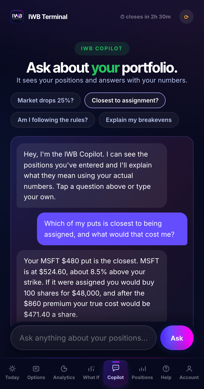 Copilot tab, a question answered from the portfolio's own numbers