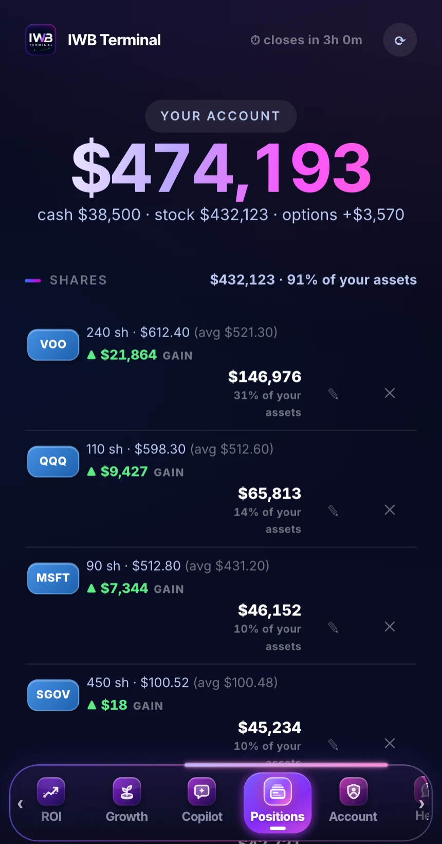 Positions tab: a sample portfolio's total and its shares, each with its gain or loss