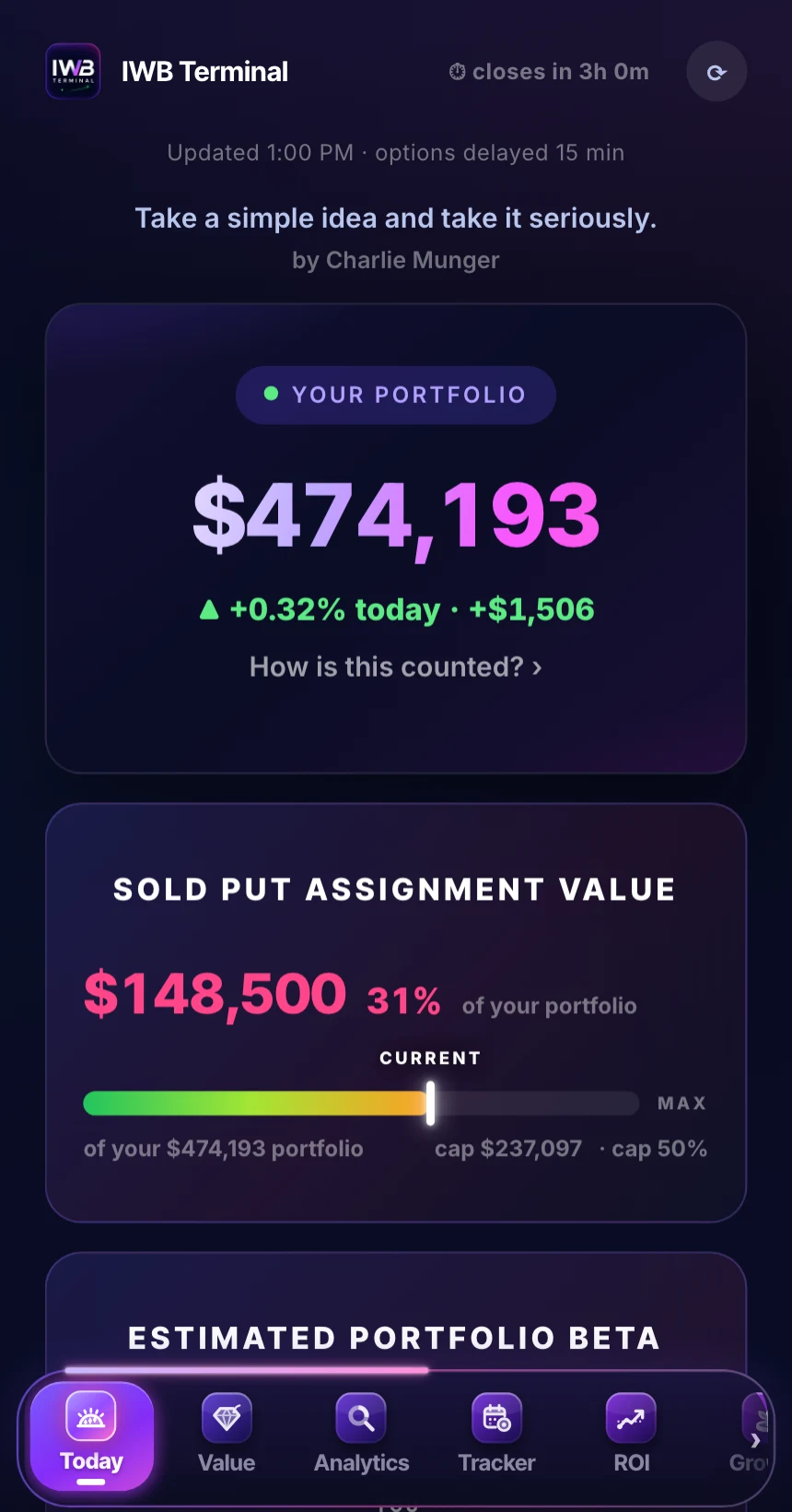 Today tab: a sample portfolio's total, its day change and its sold put assignment value against the cap